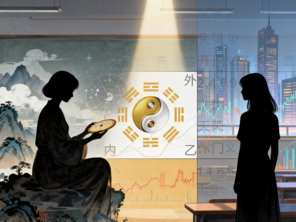 jimeng-2026-05-22-1871-一幅新中式双生意境画：画面左侧，短发的钱女士 silhouette_ 于山水天地....png