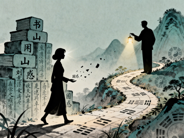 jimeng-2026-03-08-9397-画面描绘刘女士 silhouette 的学习心路：左侧，她立于一座由艰深古文垒成....png