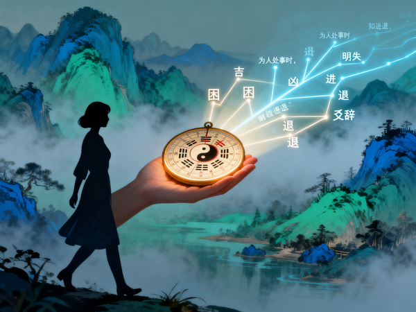 jimeng-2026-03-08-5227-将“卦象思维是人生导航”的比喻可视化：刘女士 silhouette 行走于象征人....png